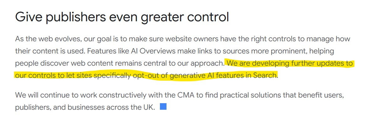 我们正在进一步完善相关设置,以便网站能够明确选择退出搜索中的生成式人工智能功能。